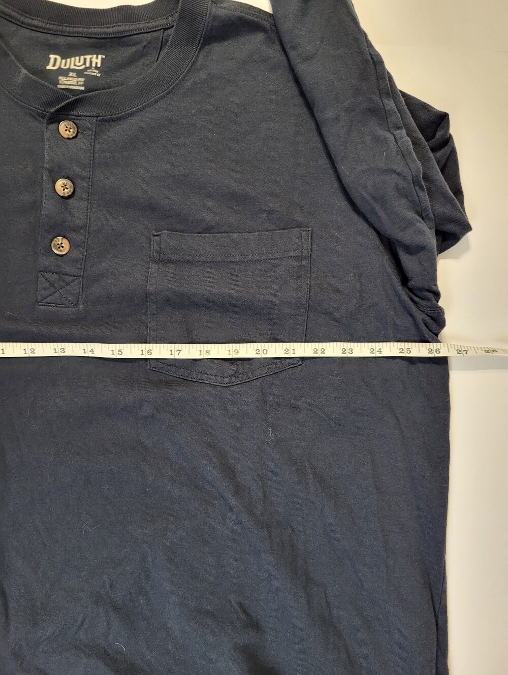 Duluth Trading Co Relaxed Fit Longtail T Shirt Navy Blue Henley Cotton Size XL - Picture 5 of 8